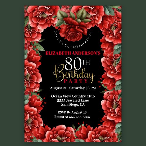 Pretty Red Floral 80th Birthday Invitation