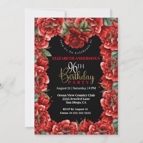 Pretty Red Floral 96th Birthday Invitation