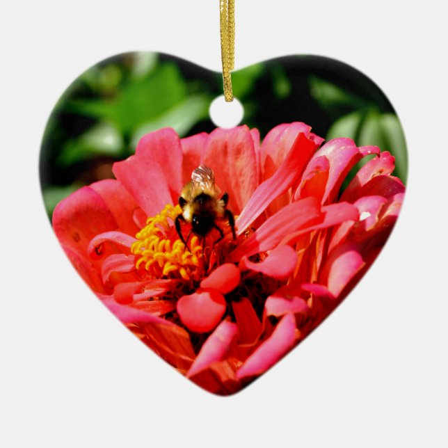 Pretty red floral and honeybee ceramic ornament (Front)