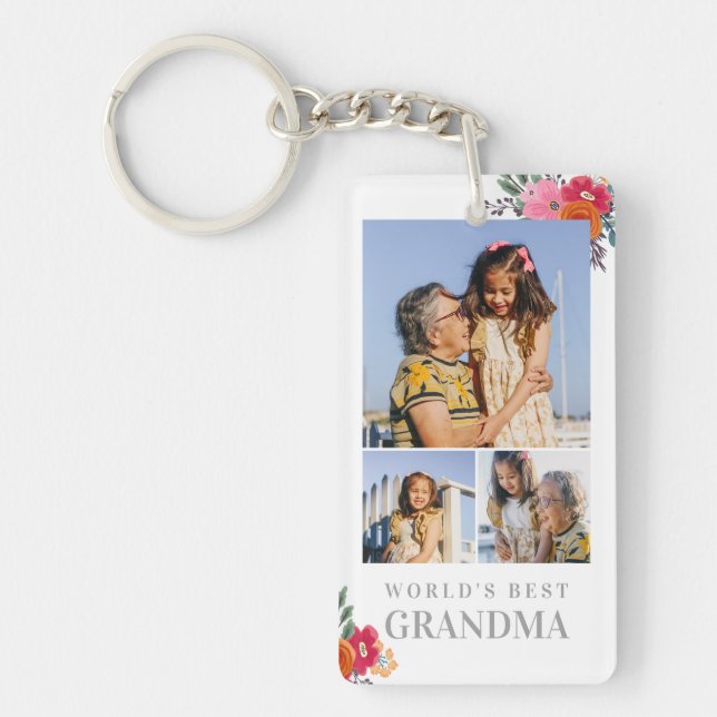 Pretty Red Floral Grandma 3 Photo Collage Keychain (Front)