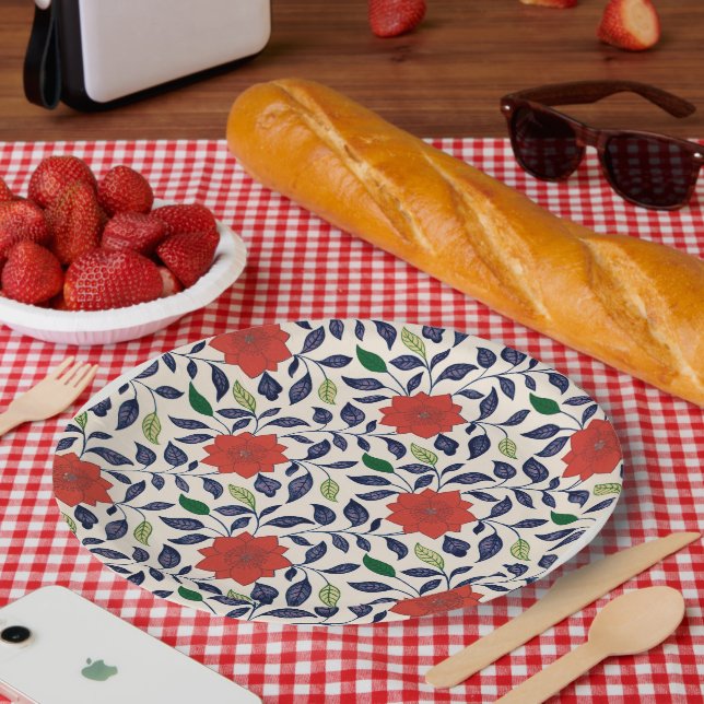 Pretty red floral pattern paper plates (Picnic)