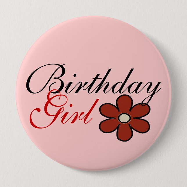 Pretty Red Flower Birthday Girl Big Button (Front)