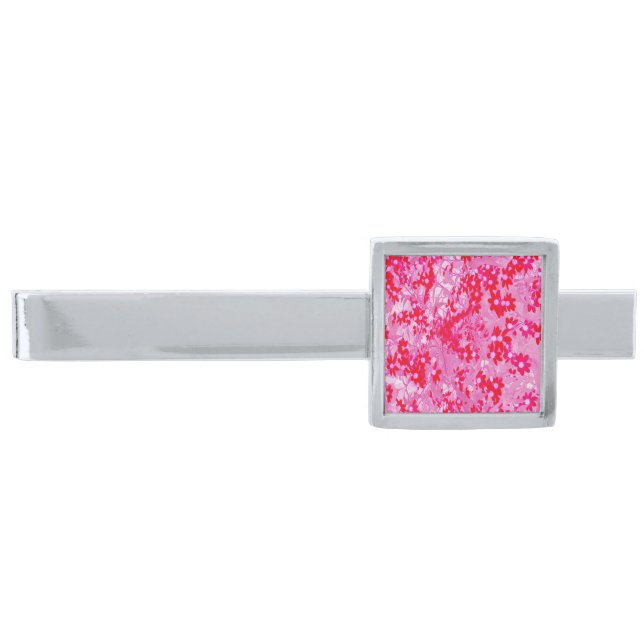 Pretty Red Flowers Silver Finish Tie Bar (Front)