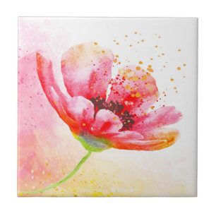 Pretty Red Garden Flower Gold Highlights Art Ceramic Tile