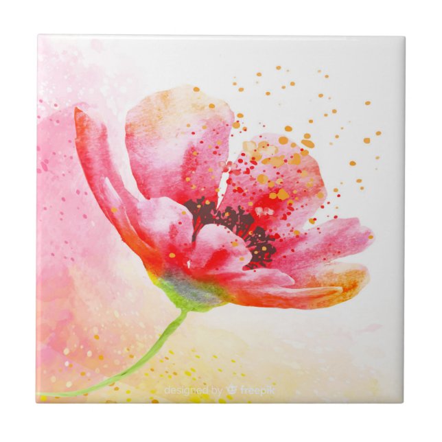 Pretty Red Garden Flower Gold Highlights Art Ceramic Tile (Front)