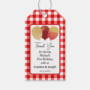 Pretty Red Gingham & 3 Glitter Balloons Birthday Gift Tags