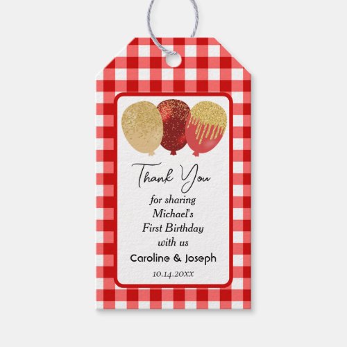 Pretty Red Gingham  3 Glitter Balloons Birthday Gift Tags
