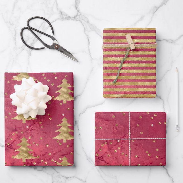 Pretty Red Gold Christmas Trees   Wrapping Paper Sheets (Front)