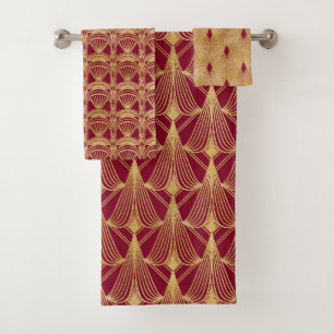 PRETTY RED & GOLD FAN LOOK ART DECO PATTERNS BATH TOWEL SET