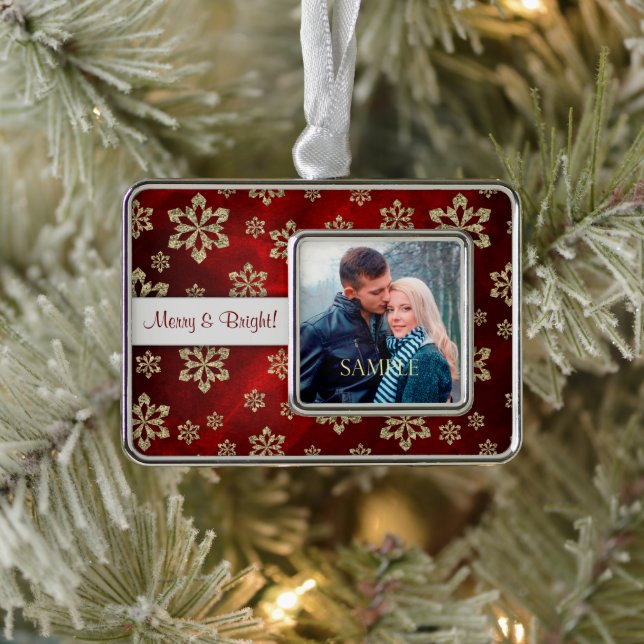 Pretty Red Gold Snowflake Photo Template Ornament (Tree)