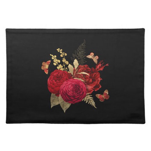 Pretty Red Gold Watercolor Rose Butterfly Cloth Placemat
