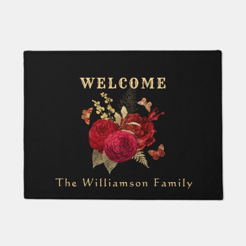 Pretty Red Gold Watercolor Rose Butterfly Welcome Doormat