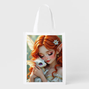 Pretty Red Haired Fairy with Dragon Grocery Bag