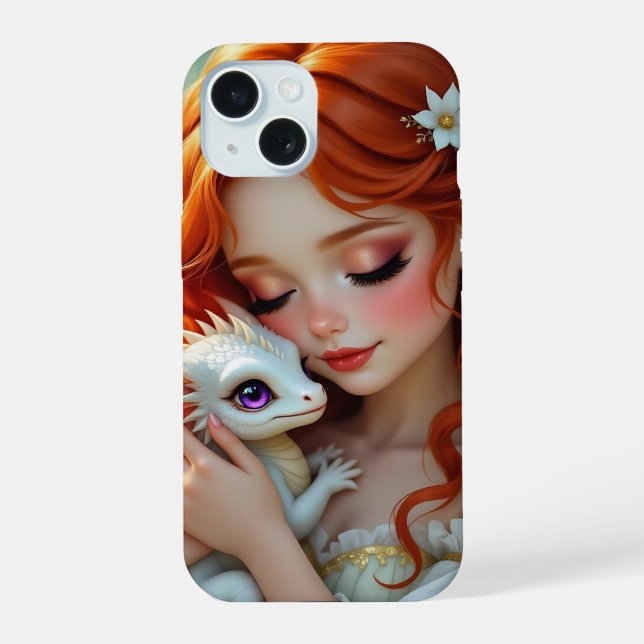 Pretty Red Haired Fairy with Dragon Iphone Case (Back)