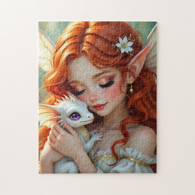 Pretty Red Haired Fairy with Dragon Jigsaw Puzzle (Vertical)