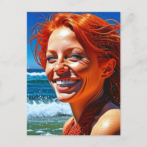 Pretty Red Haired Lady at Beach ai art Postcard