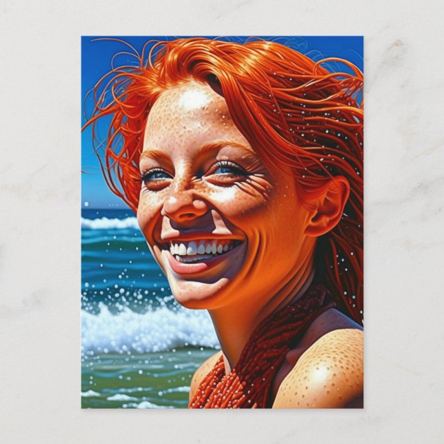 Pretty Red Haired Lady at Beach ai art Postcard (Front)