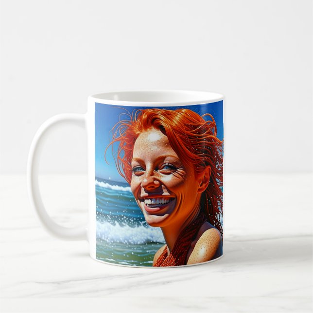 Pretty Red Haired Lady at Beach Personalized Coffee Mug (Left)