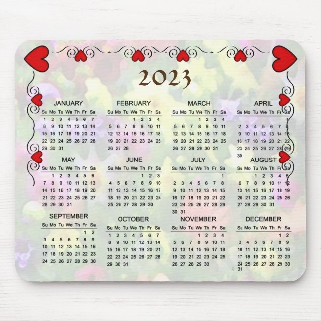 Pretty Red Hearts 2023 Floral Calendar Mouse Pad