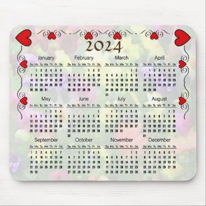Pretty Red Hearts 2024 Floral Calendar  Mouse Pad