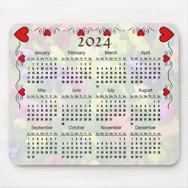 Pretty Red Hearts 2024 Floral Calendar Mouse Pad