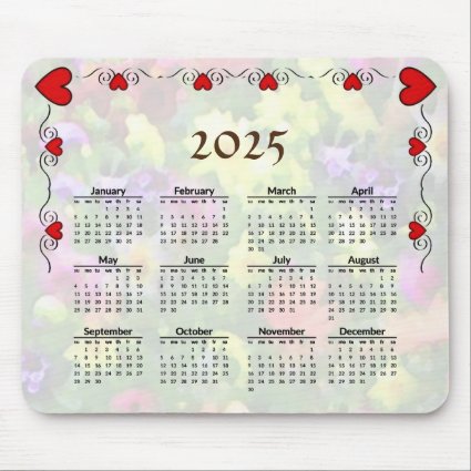 Pretty Red Hearts 2025 Floral Calendar  Mouse Pad