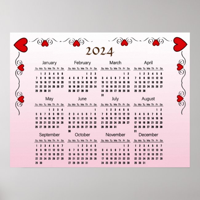 Pretty Red Hearts Border 2024 Calendar Poster