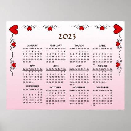 Pretty Red Hearts Border Pink 2023 Calendar Poster