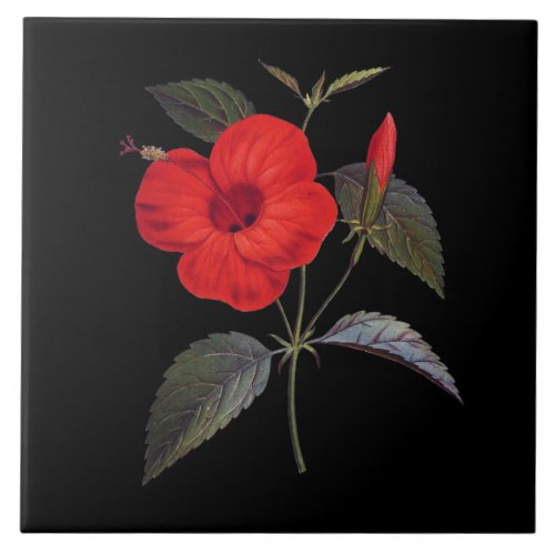 Pretty Red Hibiscus Flower Ceramic Tile