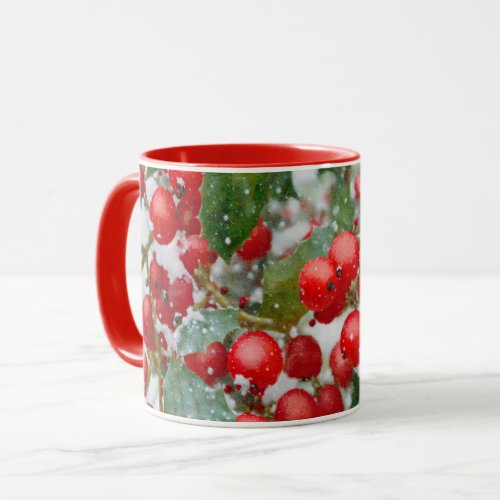 Pretty Red Holly Berry Snowing Holiday Mug Cup