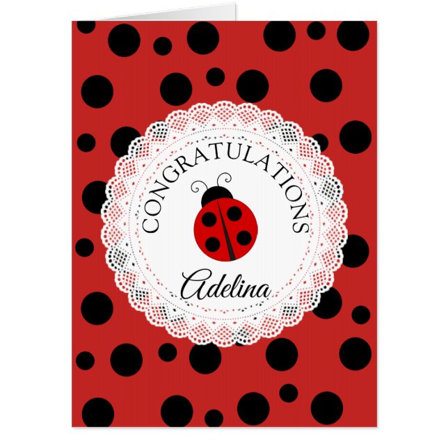 Pretty Red Ladybug Personalized Baby Shower Card (Front)