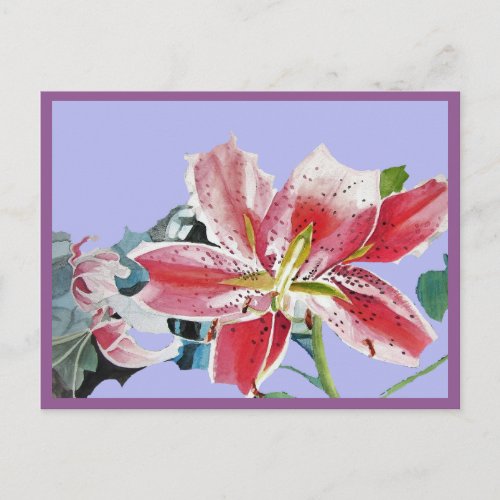 Pretty Red Lily Watercolor Lilac Birthday Postcard