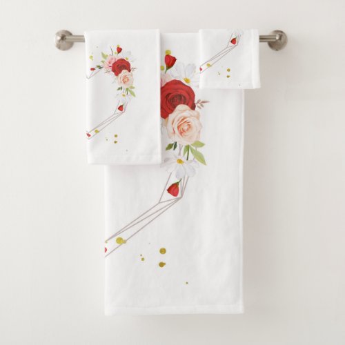 Pretty Red Love Floral Heart Bath Towel Set