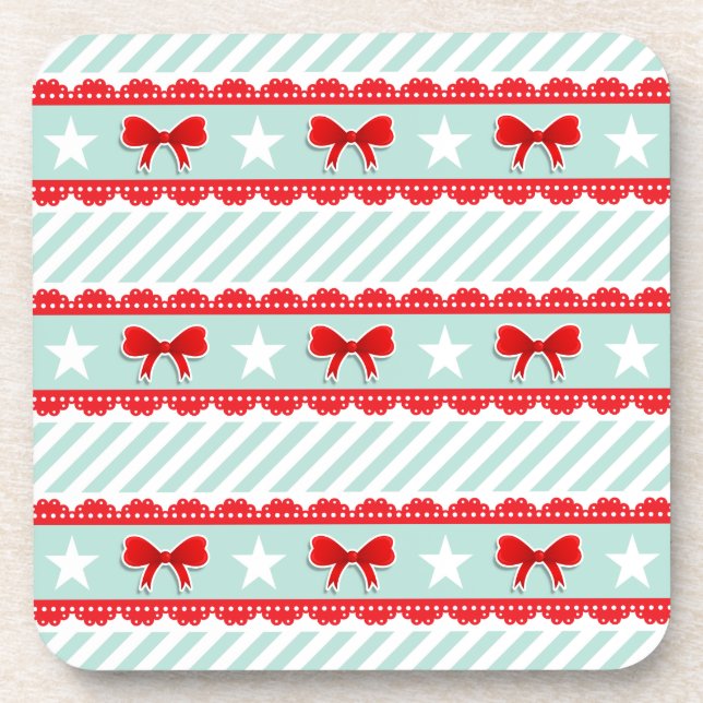 Pretty Red Mint White Striped Christmas Pattern Coaster (Front)