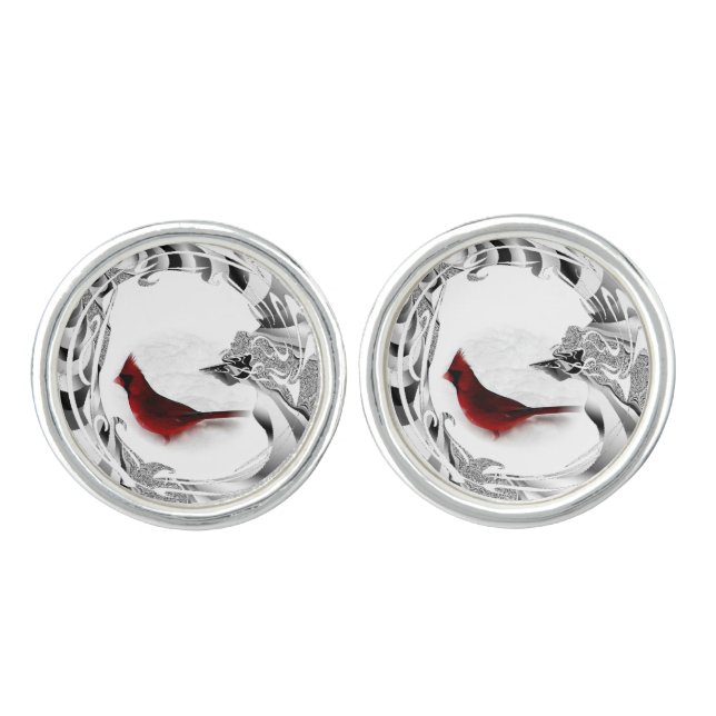 Pretty Red Northern Cardinal Bird Cufflinks (Front)