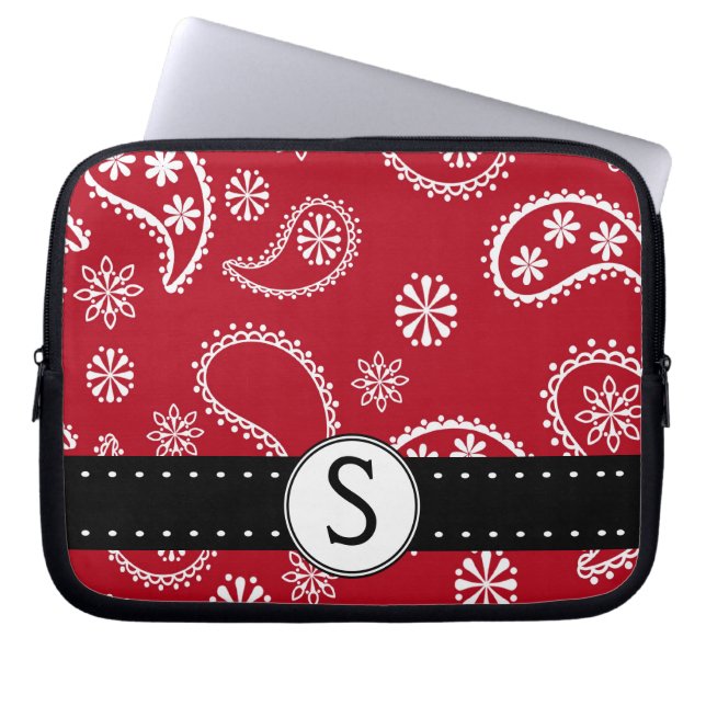 Pretty Red  Paisley Pattern with Monogram Laptop Sleeve (Front)