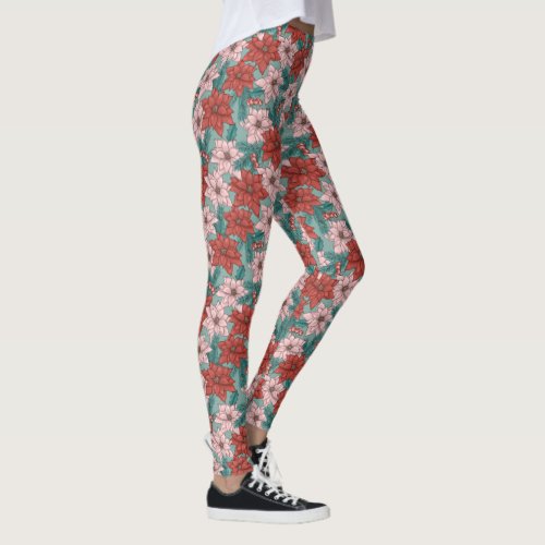 Pretty Red Pink Poinsettia Floral Pattern Xmas Leggings