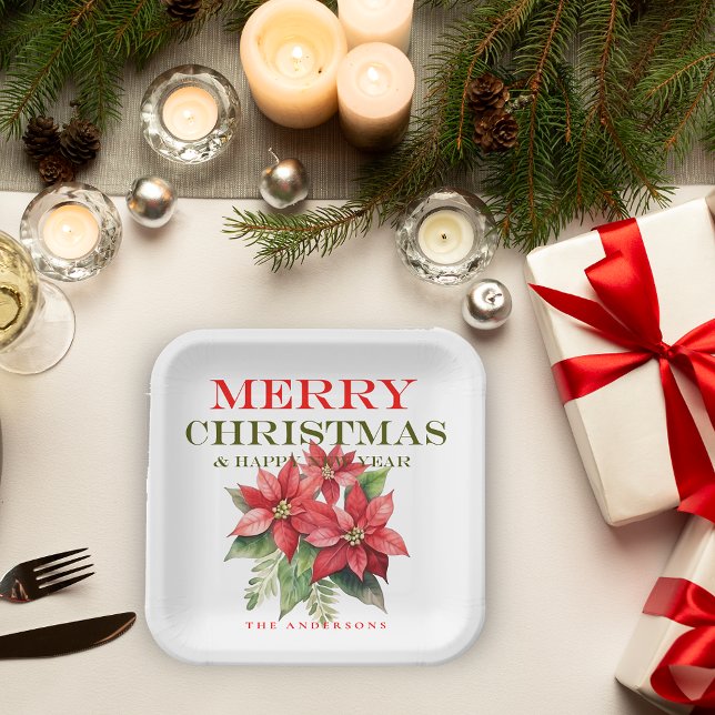 Pretty Red Poinsettia Flower Merry Christmas Party Paper Plates (Pretty Red Poinsettia Flower Merry Christmas Party Paper Plates)