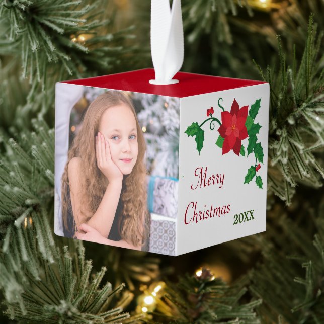 Pretty Red Poinsettia Photo Template Cube Ornament (Tree)
