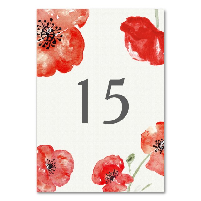Pretty Red Poppies floral table number (Front)