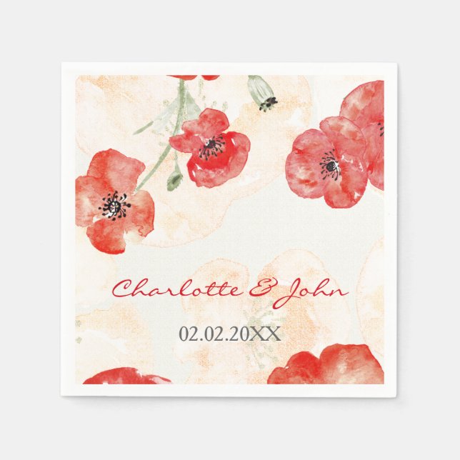 Pretty Red Poppies floral wedding napkin (Front)