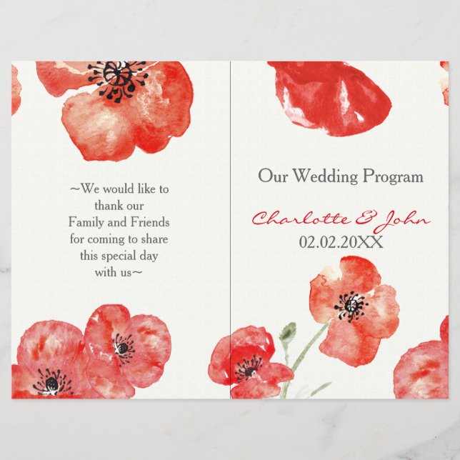 Pretty Red Poppies floral wedding program (Front)