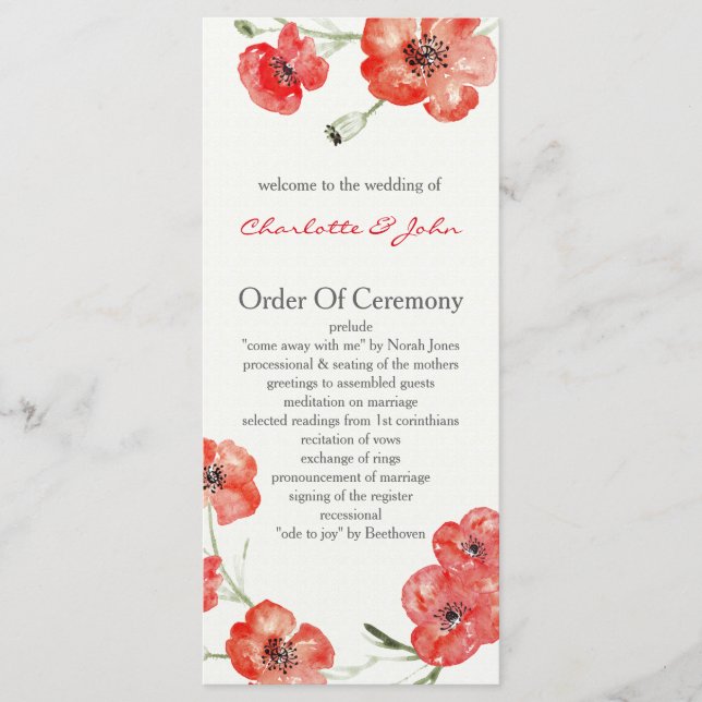 Pretty Red Poppies floral wedding programs (Front)