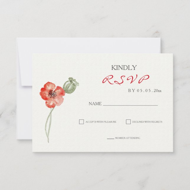 Pretty Red Poppies floral wedding RSVP card (Front)