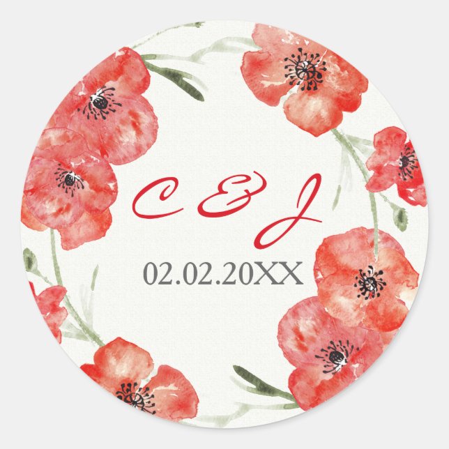 Pretty Red Poppies floral wedding stickers (Front)