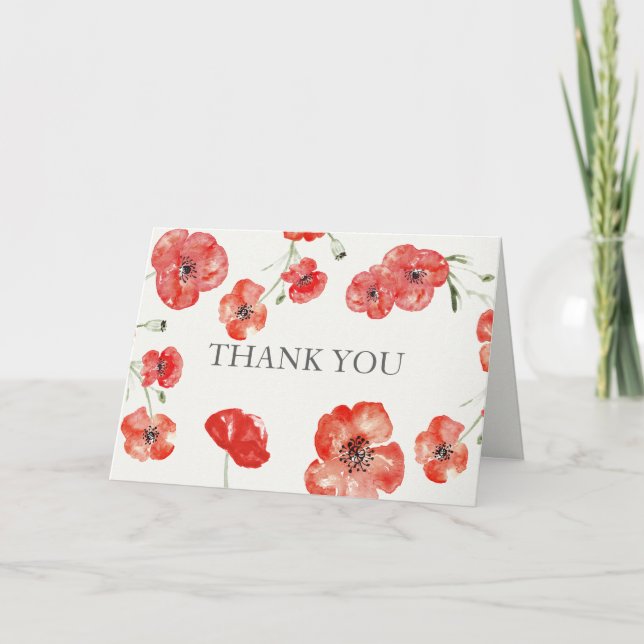 Pretty Red Poppies floral wedding Thank You Card (Front)