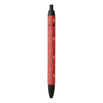 Pretty Red Poppies Pattern Monogram Black Ink Pen by LouiseBDesigns at Zazzle