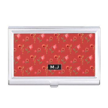 Pretty Red Poppies Pattern Monogram Business Card Case by LouiseBDesigns at Zazzle
