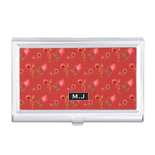 Pretty Red Poppies Pattern Monogram Business Card Case