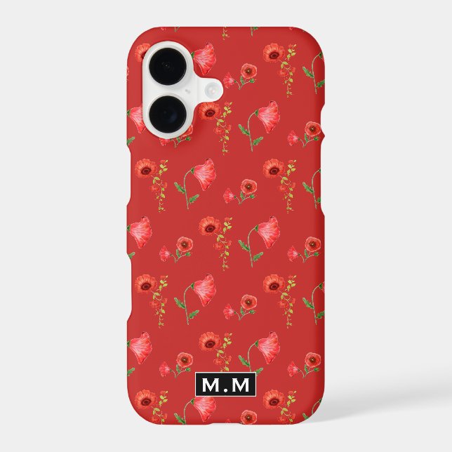 Pretty Red Poppies Pattern Monogram Case-Mate iPhone Case (Back)